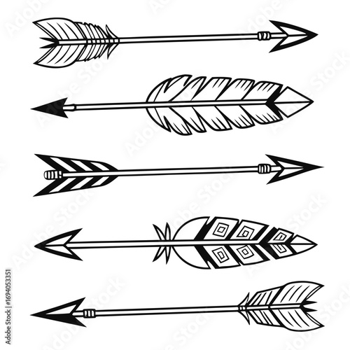 Five decorative tribal arrows with feather and geometric designs