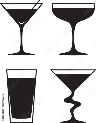 Black Silhouettes of Cocktail Glasses – Martini, Coupe, Highball, and Margarita Icons for Bar Menu and Beverage Design 