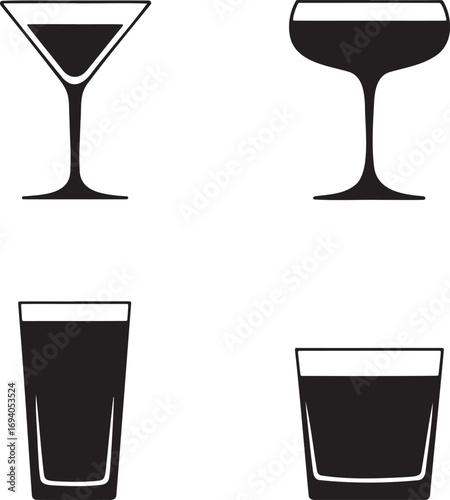 Black Silhouettes of Cocktail Glasses – Martini, Coupe, Highball, and Margarita Icons for Bar Menu and Beverage Design 