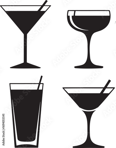 Black Silhouettes of Cocktail Glasses – Martini, Coupe, Highball, and Margarita Icons for Bar Menu and Beverage Design 