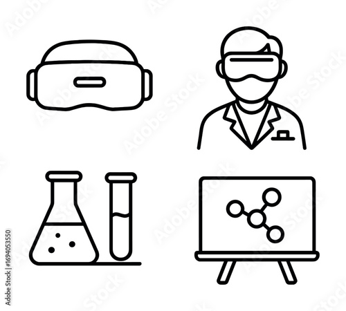 Vr technology and chemistry: scientist with goggles, lab equipment, molecular structure