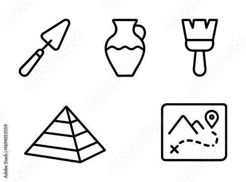 Archaeology tools and symbols: trowel, vase, brush, pyramid, map icons