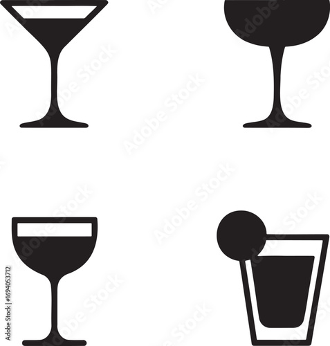 Black Silhouettes of Cocktail Glasses – Martini, Coupe, Highball, and Margarita Icons for Bar Menu and Beverage Design 