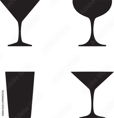 Black Silhouettes of Cocktail Glasses – Martini, Coupe, Highball, and Margarita Icons for Bar Menu and Beverage Design 