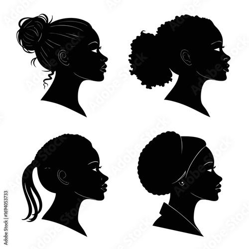 Four black female profile silhouettes with diverse hairstyles