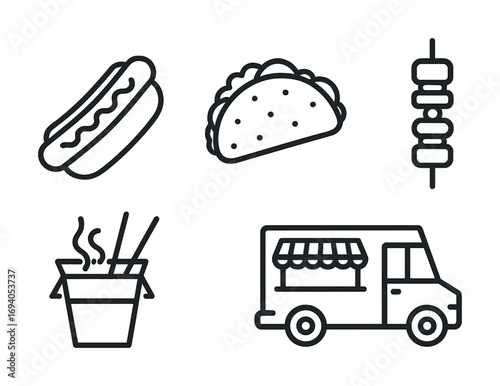 Outline icons of hot dog, taco, kebab, noodles, and food truck