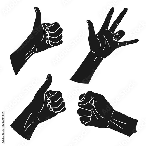 Four black hand gesture silhouettes thumbs up peace sign