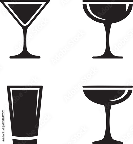 Black Silhouettes of Cocktail Glasses – Martini, Coupe, Highball, and Margarita Icons for Bar Menu and Beverage Design 