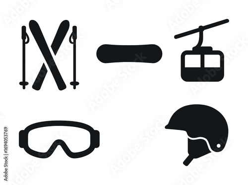 Ski and snowboard equipment icons: goggles, helmet, skis, lift graphic set