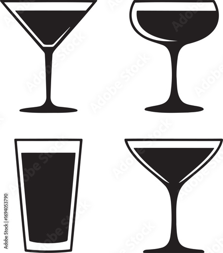 Black Silhouettes of Cocktail Glasses – Martini, Coupe, Highball, and Margarita Icons for Bar Menu and Beverage Design 