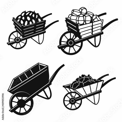 Four black wheelbarrow silhouettes with various loads