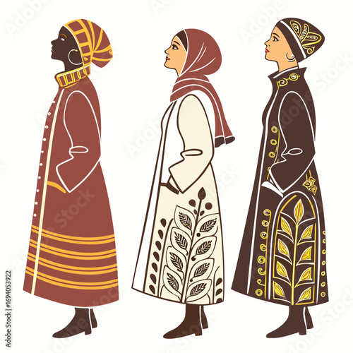 Woman wear traditional dresses with elegance. Girl showcase cultural outfits with grace. Woman model display ethnic clothing with pride.