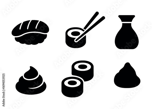 Set of japanese food icons featuring sushi, rolls, soy sauce, and wasabi
