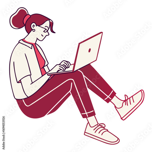 Woman uses laptop at home with ease. Girl works remotely in comfort. Woman enjoys digital tasks in casual setting.