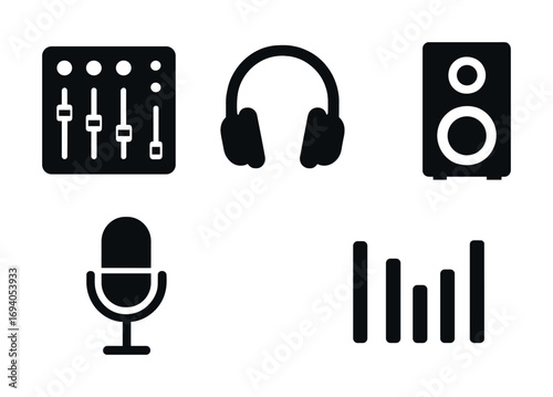 Black audio icons: mixer, headphones, speaker, microphone, equalizer