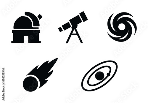 Space exploration icons: observatory, telescope, galaxy, comet, planetary system