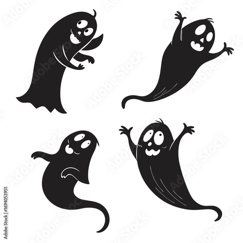 Four cartoon ghosts floating happily silhouette black