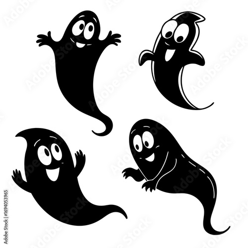 Four cartoon ghosts floating happily silhouette black