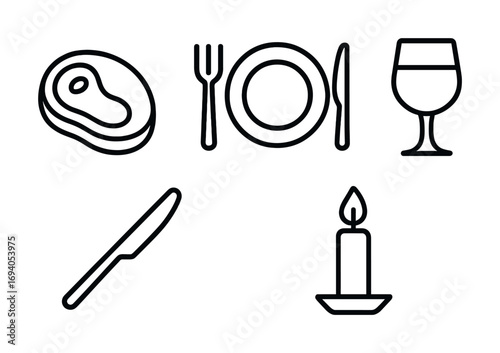 Minimalistic dining icons: steak, table setting, wine glass, knife, candle