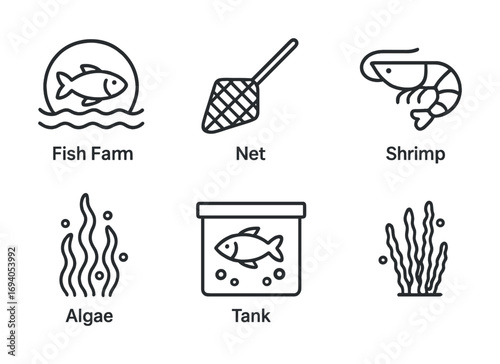 Simple aquatic icons set: fish farm, net, shrimp, algae, fish tank