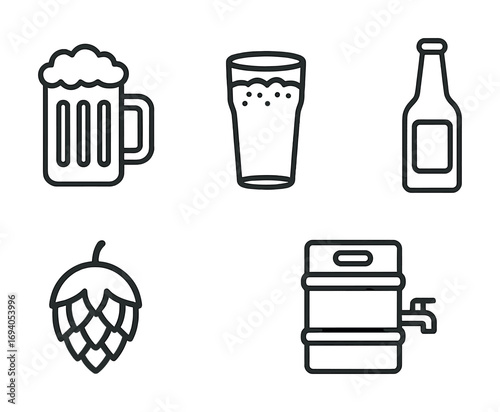 Beer mug, pint glass, beer bottle, hop, and keg icons in simple black line art