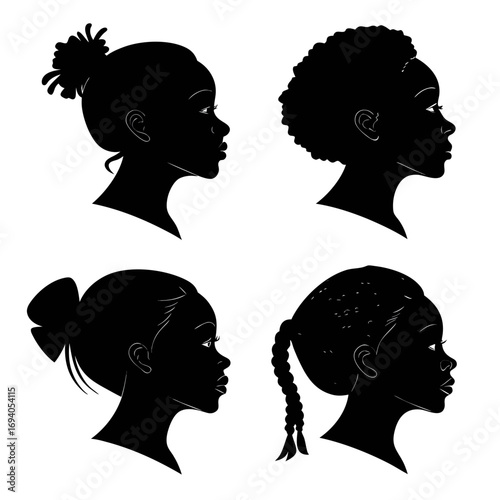 Four diverse female profiles with varied hairstyles