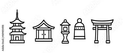 Traditional japanese icon set: pagoda, shrine, lantern, bell, torii