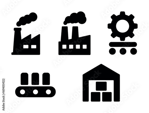 Industrial icons set featuring factories, conveyor belt, gear, and warehouse