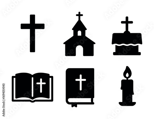 Black silhouette icons of christian symbols: cross, church, bible, and candle