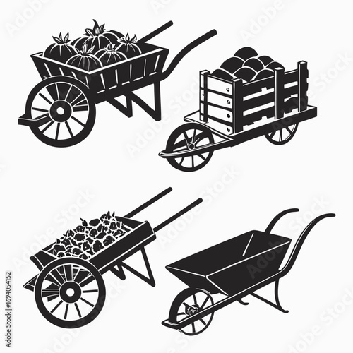 Four farm carts and wheelbarrows filled with produce