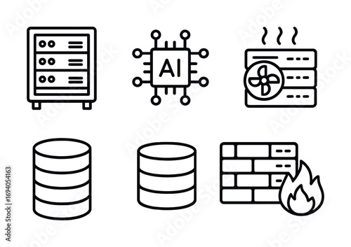 Data storage and ai technology icons with server, ai chip, and security features
