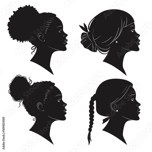 Four female profile silhouettes hairstyles woman