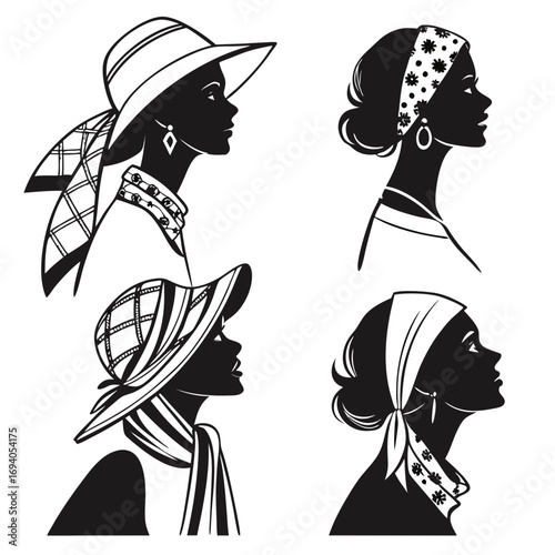 Four female profiles with headwear and accessories