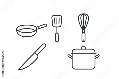 Minimalist kitchen utensils: frying pan, spatula, whisk, knife, and pot illustrations