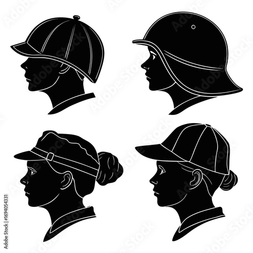 Four profile silhouettes of heads wearing hats headwear