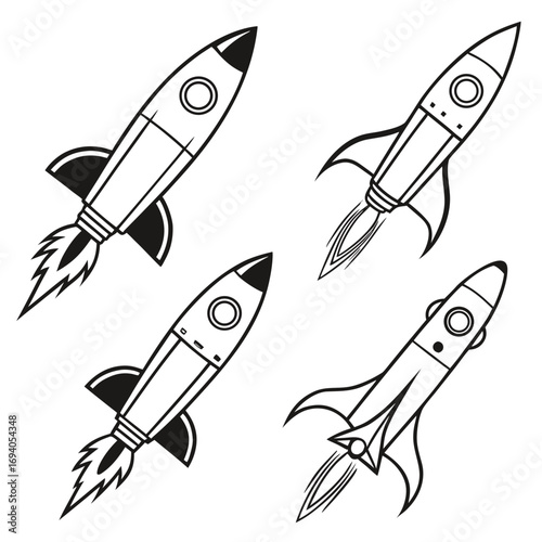 Four rocket silhouettes in motion spaceship space