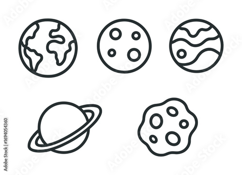 Set of hand-drawn space icons: earth, moon, planets, saturn, asteroid