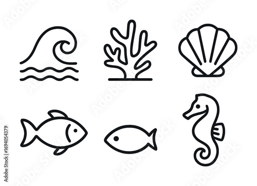 Marine life symbols - wave, coral, shell, fish, seahorse icons on white background