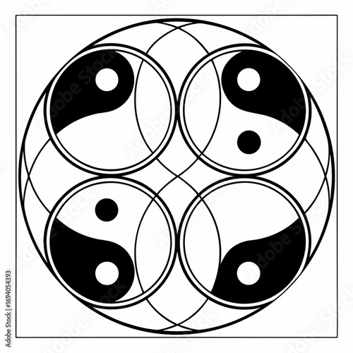 Four yin yang symbols in circular pattern black and white