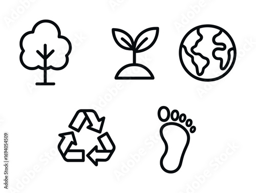 Eco-friendly icons: tree, seedling, earth, recycling, and carbon footprint illustrations