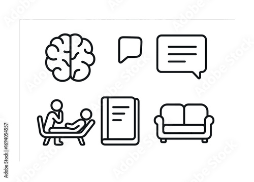 Mental health icons: brain, speech bubbles, therapy session, book, sofa