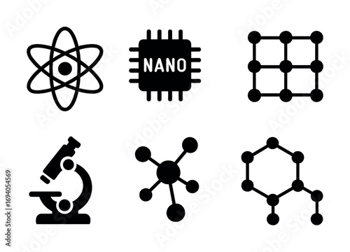 Nanotechnology symbols: atom, microchip, lattice, microscope, molecule diagrams