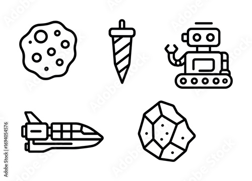 Space exploration icons: spaceship, asteroid, drill, robot, planet illustration