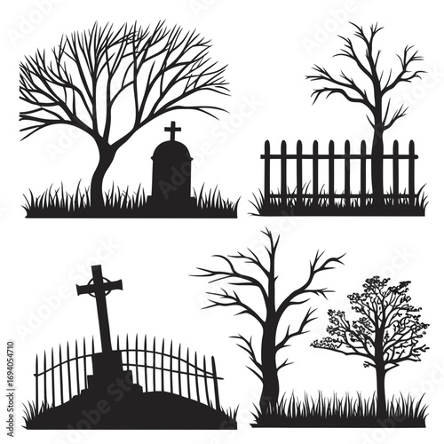 Graveyard silhouettes bare trees fences tombstones