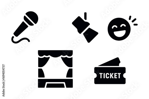 Comedy show icons: microphone, stage, ticket, laughing face, spotlight symbols
