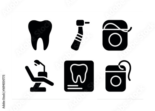 Dental care icons: tooth, drill, floss, chair, x-ray, cleaning essentials
