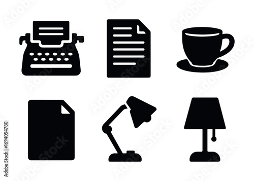 Silhouettes of typewriter, documents, coffee cup, desk lamp, and table lamp