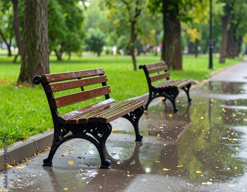 Empty park benches after rain