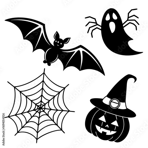 Halloween icons bat ghost spiderweb pumpkin witch hat
