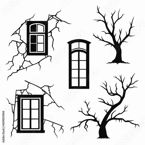 Haunted window and bare tree silhouettes cracked wall